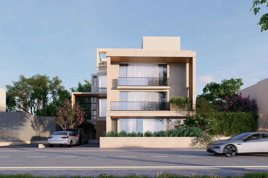 AVM: a contemporary four-storey residence with deep balconies and sheer curtains, seen from the street