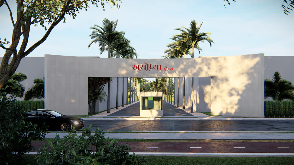 The Ayodhya Homes entrance gate: a long white wall with the name in Indian lettering and a palm-lined drive