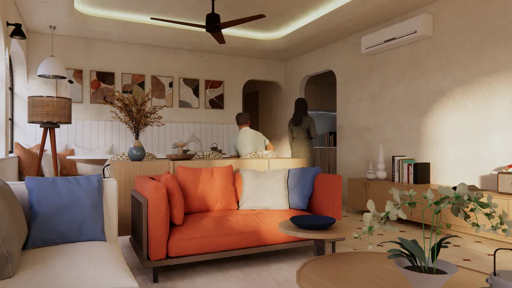 Bhavya Divya: a living room with an orange sofa, blue cushions and arched black windows