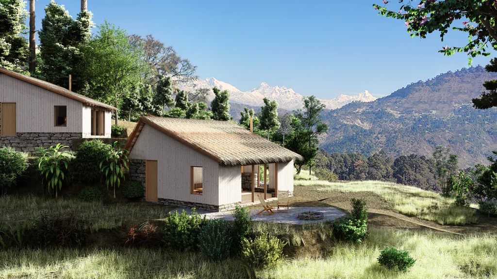 Case Design mountain resort: stone and thatch cottages on a hillside facing snow-capped peaks