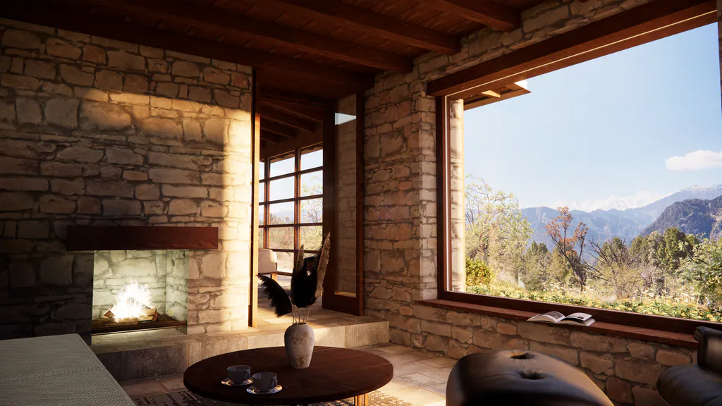 A sitting space towards the calm scenery: a fireplace in a stone wall and a wide window onto the mountains