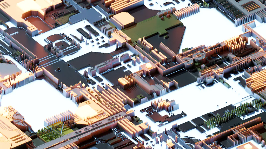 Cybernetic Enigma: a city drawn as a circuit board, in white, grey and copper