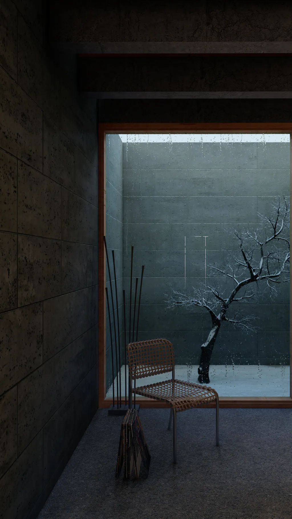 Darkness: looking down into a concrete light well where a bare tree lies in a square of daylight