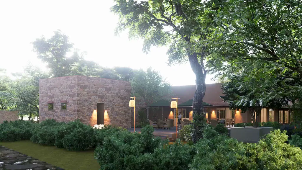 Golden hour: the camera moves towards a stone wall where lanterns and wall lights glow