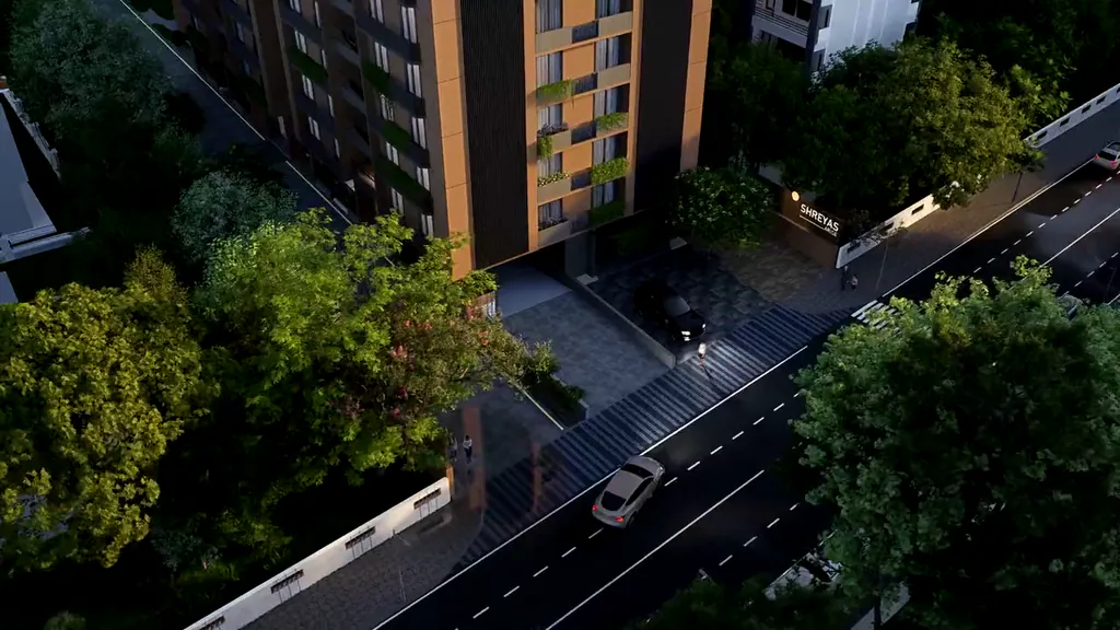 Aerial over the street towards Shreyas Arise