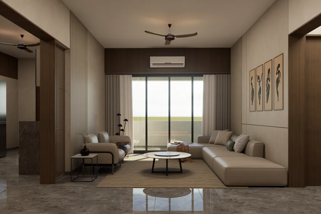 An apartment living room in walnut, stone and warm grey, with a sectional sofa and a view through to the balcony
