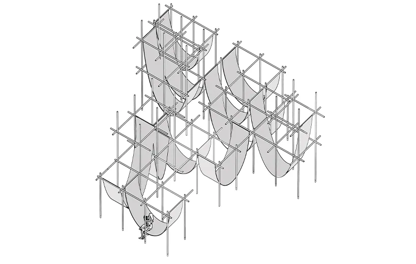 Axonometric line drawing of the scaffold frame and fabric loops of The Spot