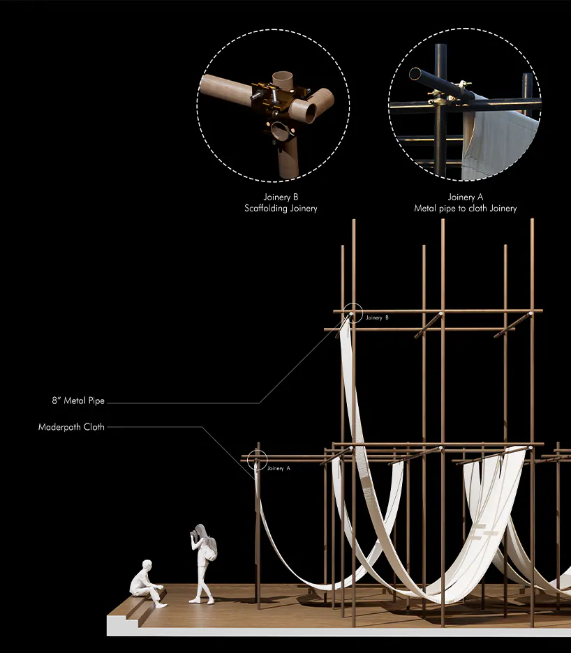 Joinery detail of The Spot: the scaffold joint and the metal pipe holding the fabric