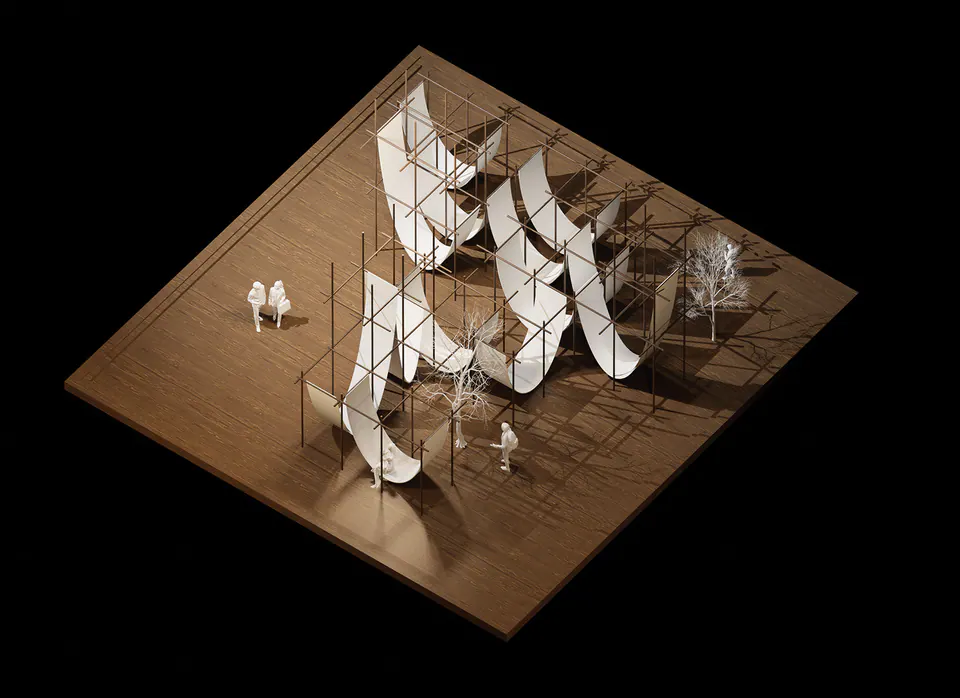 Render of The Spot as a model from above: fabric loops on a scaffold grid over a timber base