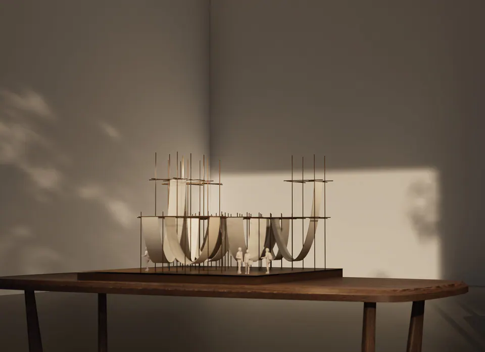 Render of The Spot model on a wooden table in warm light, with leaf shadows on the wall