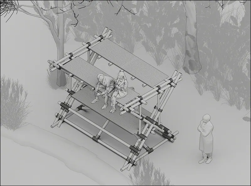 Axonometric drawing of The X with figures seated on the upper deck
