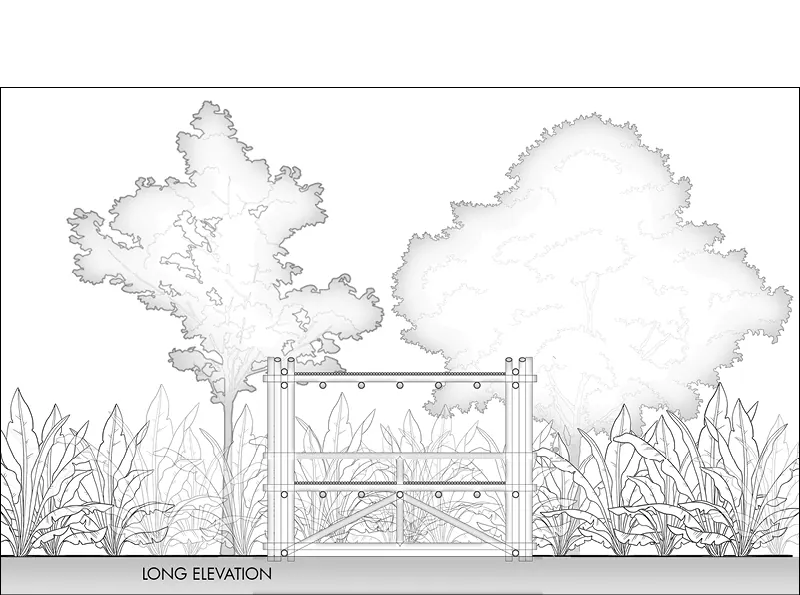 Long elevation of The X drawn in line among trees and grasses
