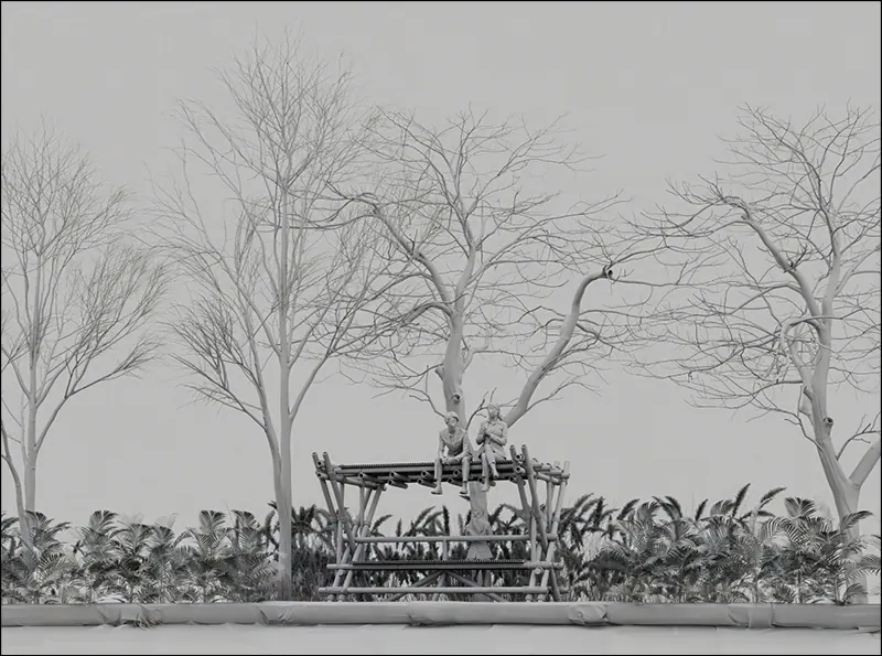 Grey clay render of The X among bare trees and planting