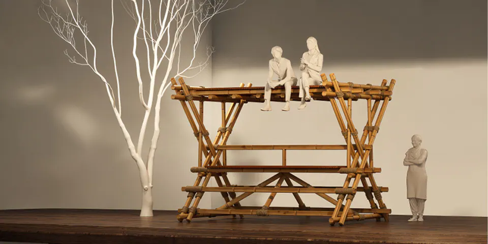 Render of The X as a scale model: the bamboo seat with white figures and a white tree on a timber base